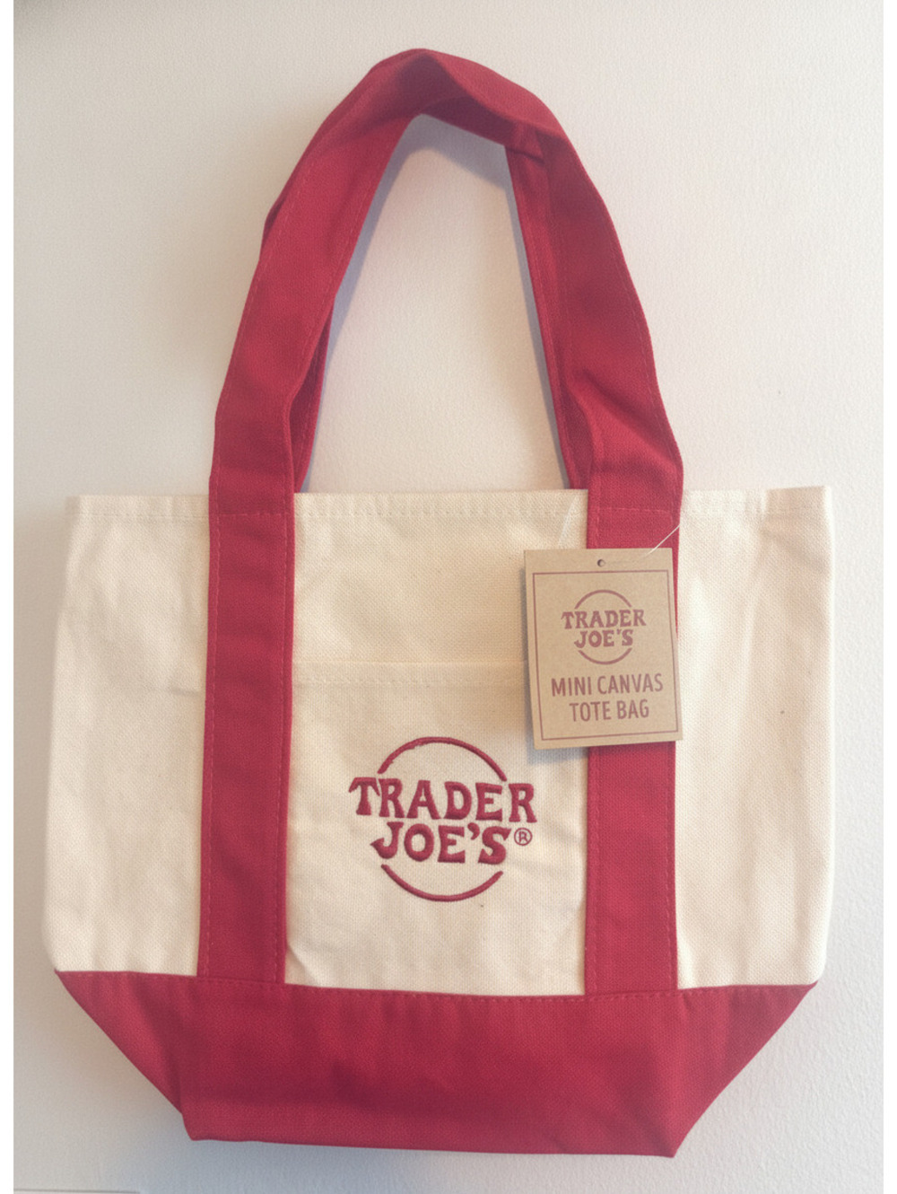 Trader Joe's Mini Canvas Tote Bag with Red Handles and Trim
